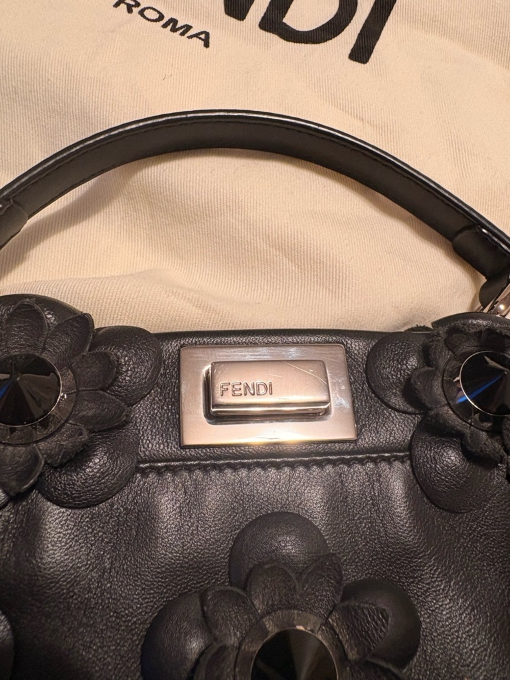 Fendi Peekaboo Mini Floral Appliqué Leather Bag – Black - Picture 10 of 12